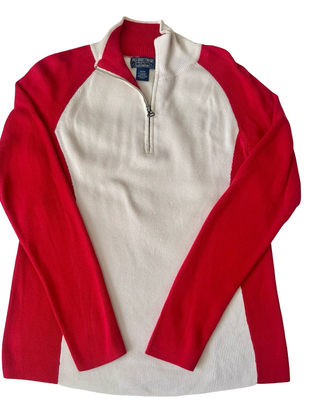 Polo Jeans Company Women’s Red/White Colorblock 1/4 Zip Mock Neck Sweater Size M